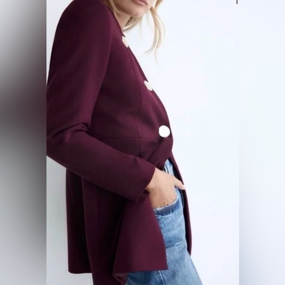 Zara Plum Tailored Frock Coat Long Blazer with Gold Metal Buttons Size XS​ - Picture 2 of 8
